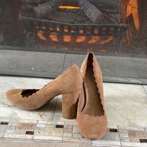 Scalloped Tan Suede Women's Pumps